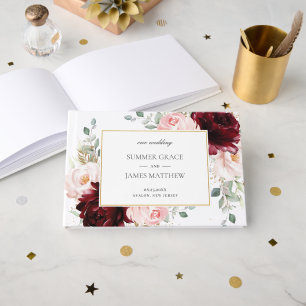 Elegant Burgundy Blush Pink Roses Floral Wedding Guest Book