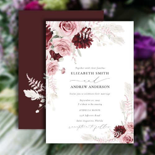 Elegant Burgundy Blush Pink Roses Floral Wedding Invitation