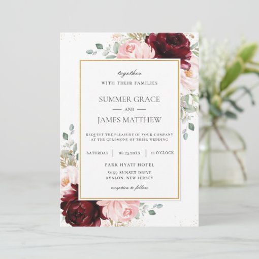 Elegant Burgundy Blush Pink Roses Floral Wedding Invitation | Zazzle