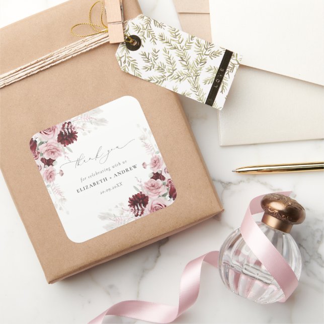 Elegant Burgundy Blush Pink Roses Floral Wedding Square Sticker (Gifting)