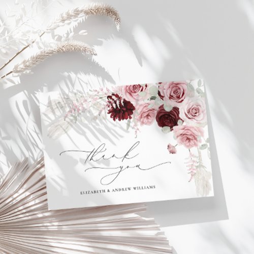 Elegant Burgundy Blush Pink Roses Floral Wedding Thank You Card