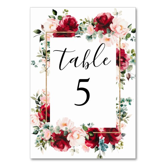 Elegant Burgundy & Blush Pink Watercolor Wedding Table Number (Front)