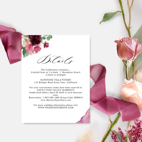 Elegant  Burgundy Blush Pink Wedding Details Enclosure Card