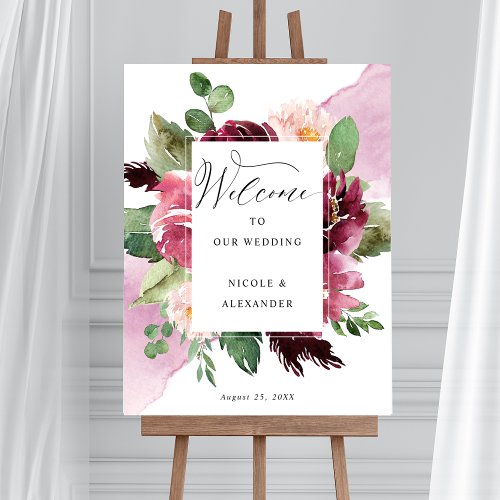 Elegant Burgundy Blush Pink Wedding Welcome Sign 