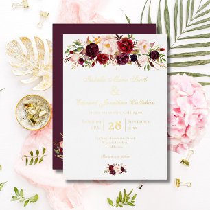 Elegant Burgundy & Blush Rose Bouquet Gold Foil Invitation