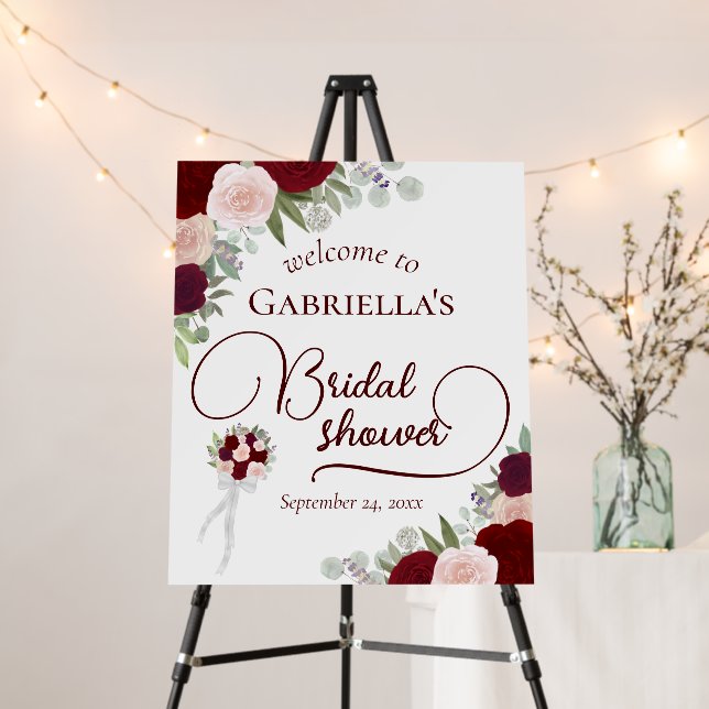 Elegant Burgundy Blush Roses Bridal Shower Welcome Foam Board (In Situ (Stand))