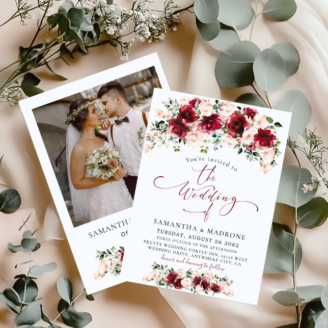 Elegant Burgundy Blush Roses Photo Floral Wedding  Invitation (Creator Uploaded)