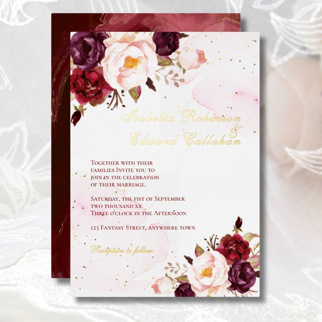 Elegant Burgundy & Blush Roses Wedding Gold Foil Invitation (Creator Uploaded)