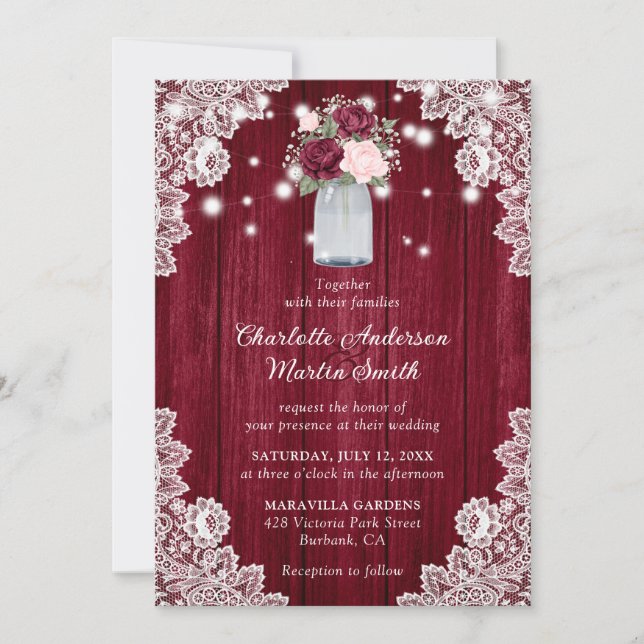 Elegant Burgundy Blush Rustic Wood Floral Wedding Invitation (Front)