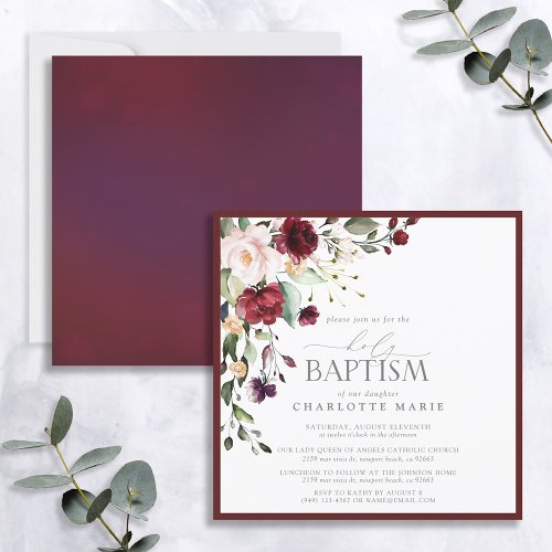 Elegant Burgundy Blush Watercolor Floral Baptism Invitation