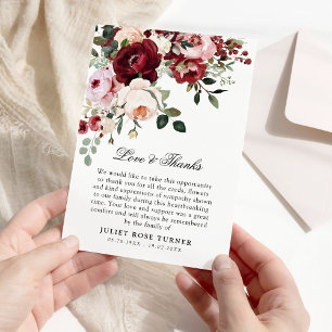 Elegant Burgundy & Blush Watercolor Floral Funeral Thank You Card