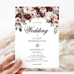 Elegant Burgundy & Blush Watercolor Floral Wedding Invitation