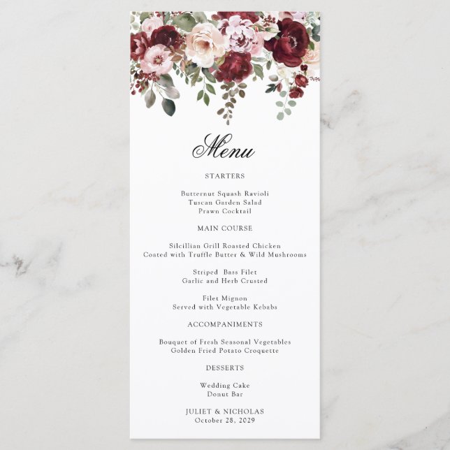 Elegant Burgundy & Blush Watercolor Floral Wedding Menu (Front)