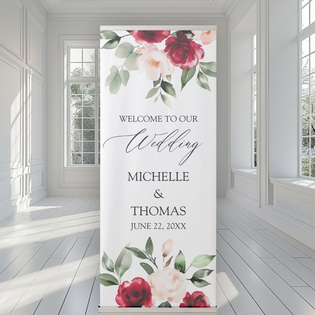 Elegant Burgundy Blush Watercolor Floral Wedding Retractable Banner (Creator Uploaded)