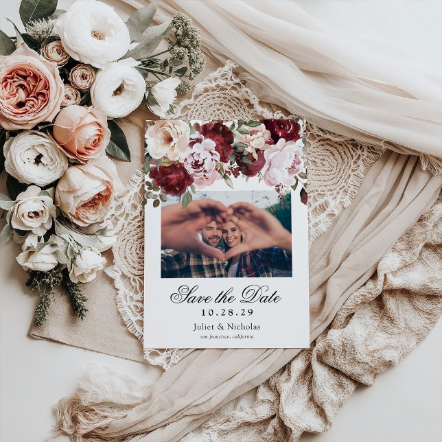 Elegant Burgundy & Blush Watercolor Floral Wedding Save The Date (Creator Uploaded)