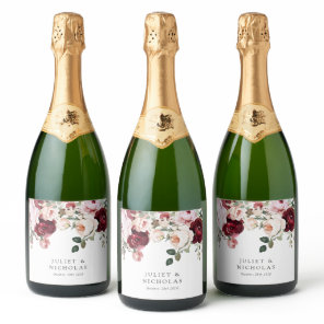 Elegant Burgundy & Blush Watercolor Floral Wedding Sparkling Wine Label