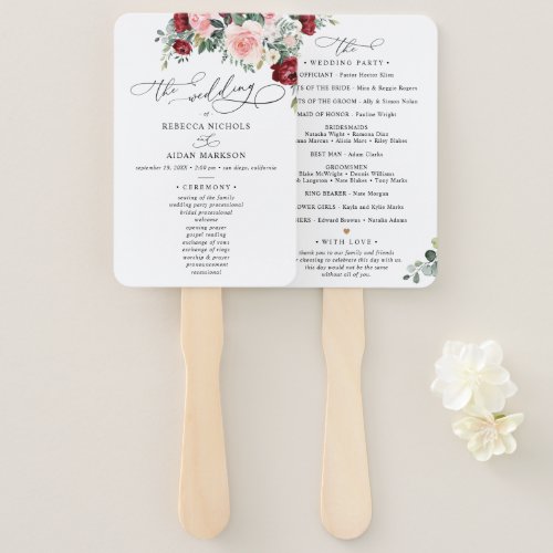 Elegant Burgundy Blush Wedding Ceremony Program Hand Fan