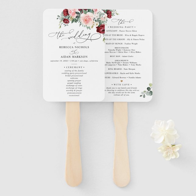 Elegant Burgundy Blush Wedding Ceremony Program Hand Fan (Front and Back)
