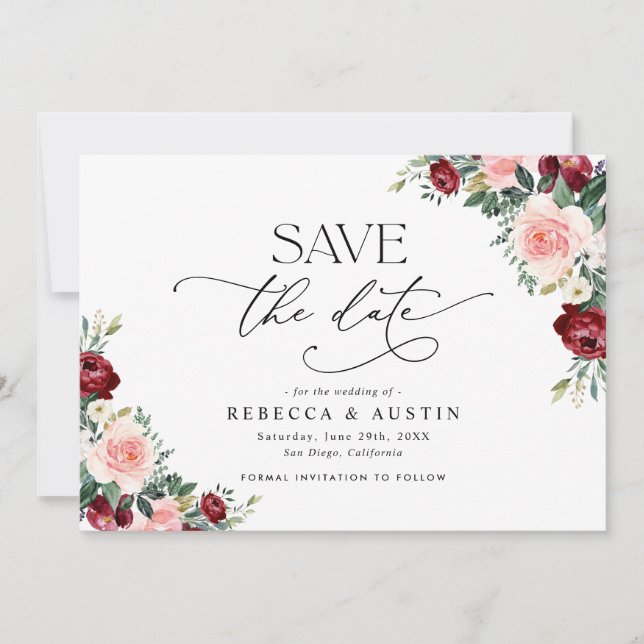 Elegant Burgundy Blush Wedding Save the Date Invitation (Front)