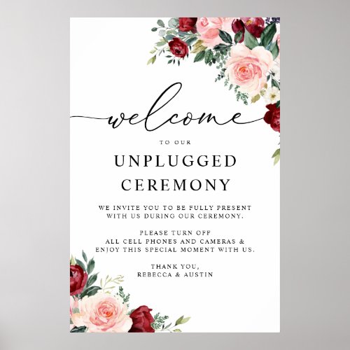 Elegant Burgundy Blush Wedding Unplugged Ceremony Poster