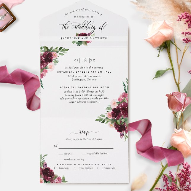 Elegant Burgundy Blush Wedding w/ Perforated RSVP All In One Invitation (Creator Uploaded)