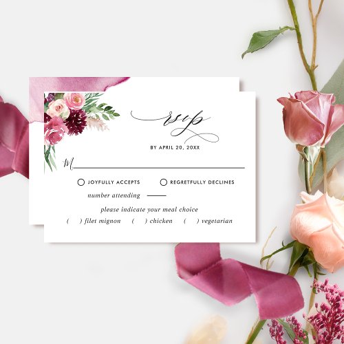 Elegant Burgundy Blush With Without Meal Options RSVP Card
