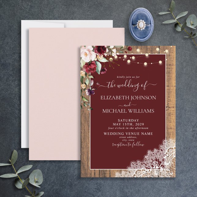 Elegant Burgundy Blush Wood Lace Script Wedding  Invitation (Creator Uploaded)