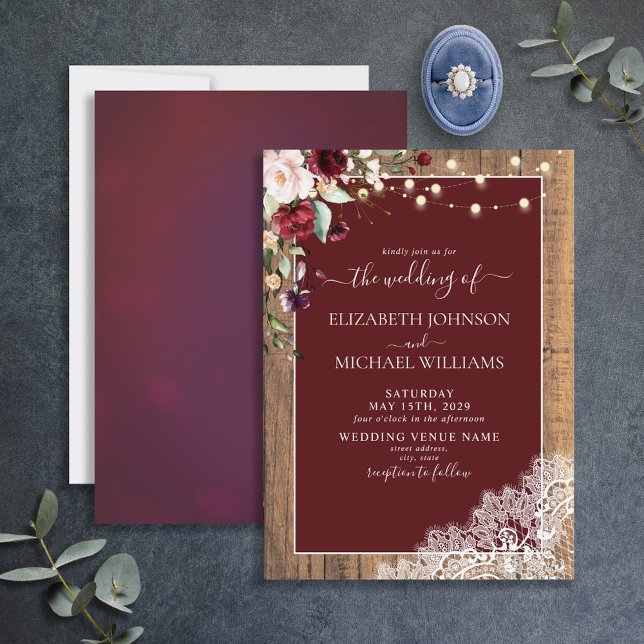 Elegant Burgundy Blush Wood Lace Script Wedding  Invitation (Creator Uploaded)
