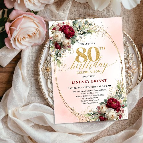 Elegant Burgundy Bohemian Floral 80th Birthday 