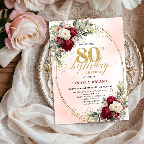 Elegant Burgundy Boho Botanical 80th Birthday  