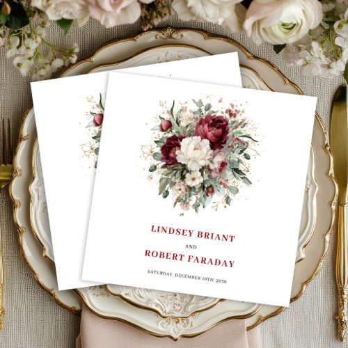 Elegant Burgundy Boho Floral Eucalyptus Gold Paper Dinner Napkins