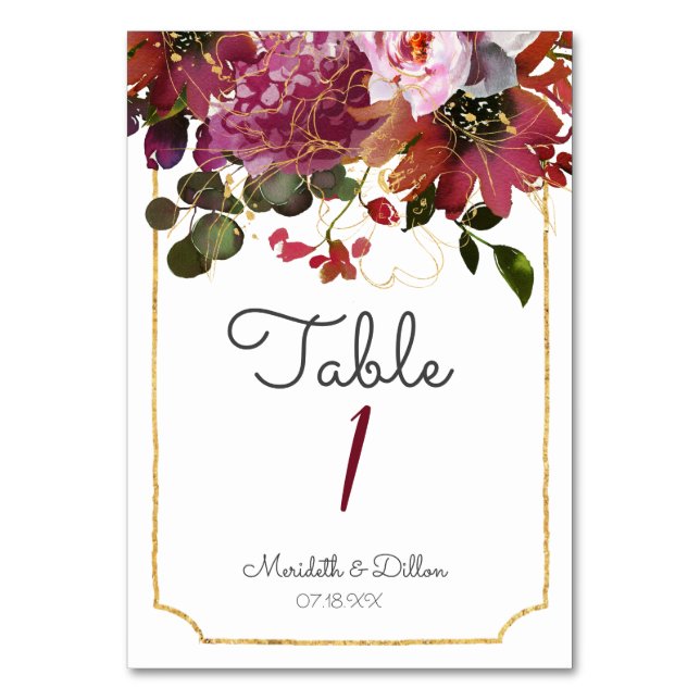 Elegant Burgundy Boho Floral Gold Geometric Table Number (Front)