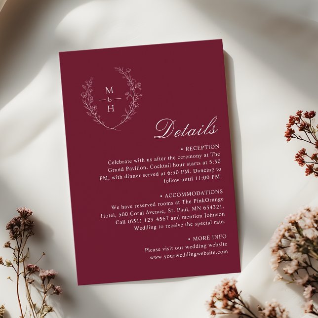 Elegant Burgundy Boho Monogram Wedding Details Enclosure Card (Creator Uploaded)