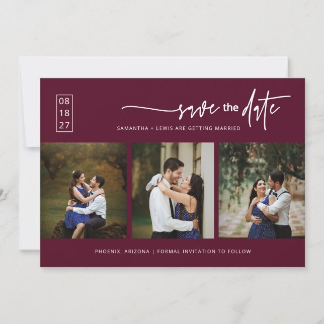 Elegant Burgundy Boho Save the Date QR Code Photo Invitation (Front)
