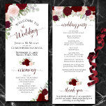 Elegant Burgundy Boho Watercolor Floral Wedding Program<br><div class="desc">This beautiful wedding program features an elegant floral boho chic design with hand painted roses in shades of red, burgundy, and blush pink on a white background. The titles are written in fancy script calligraphy, and there is space for your ceremony and wedding party details, as well as a short...</div>