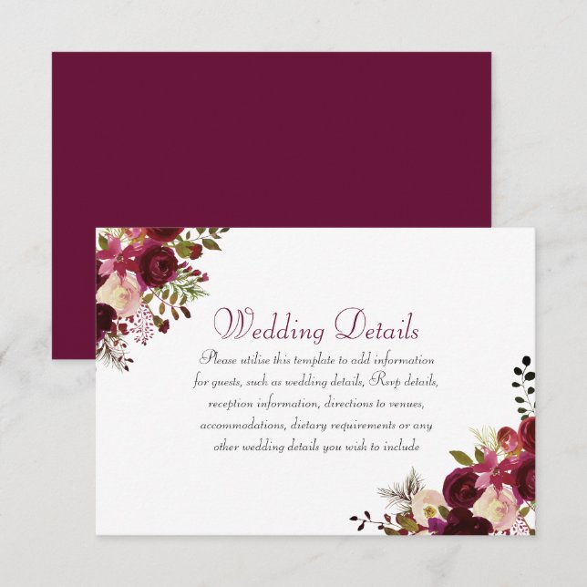 Elegant Burgundy Boho Wedding Reception Details Invitation (Front/Back)