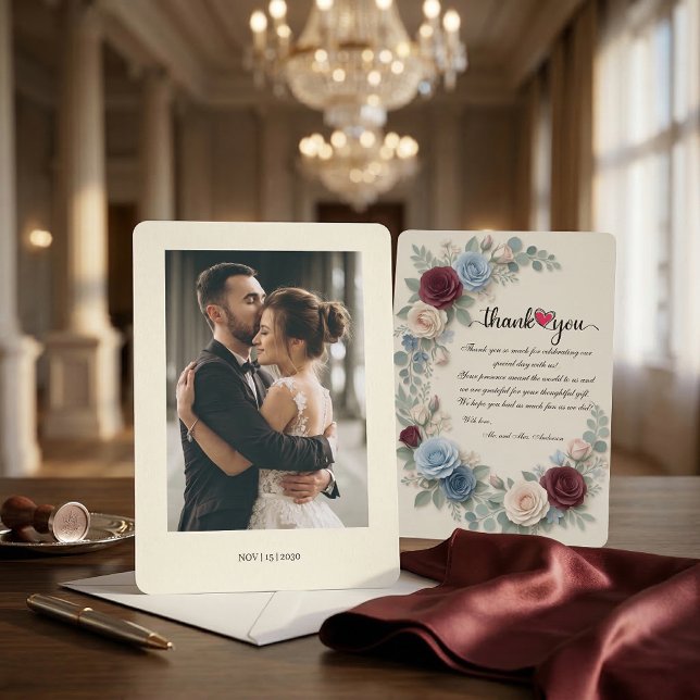 Elegant Burgundy Botanical Photo Wedding  Thank You Card (Creator Uploaded)