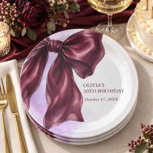 Elegant Burgundy Bow Birthday Party Paper Plates