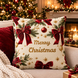 Elegant Burgundy Bow Merry Christmas Throw Pillow