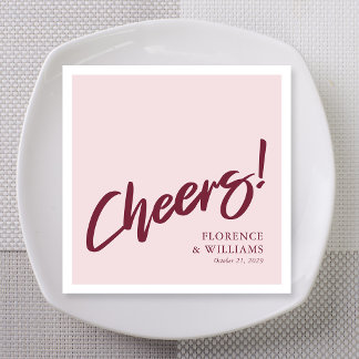 Elegant Burgundy Brush Lettering Cheers Wedding Napkins