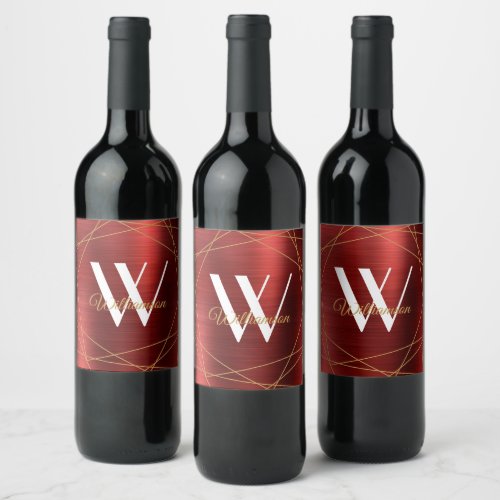 Elegant Burgundy Brushed Metal Monogram Name Wine Label