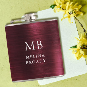 Elegant Burgundy Brushed Steel Faux Metal Monogram Flask
