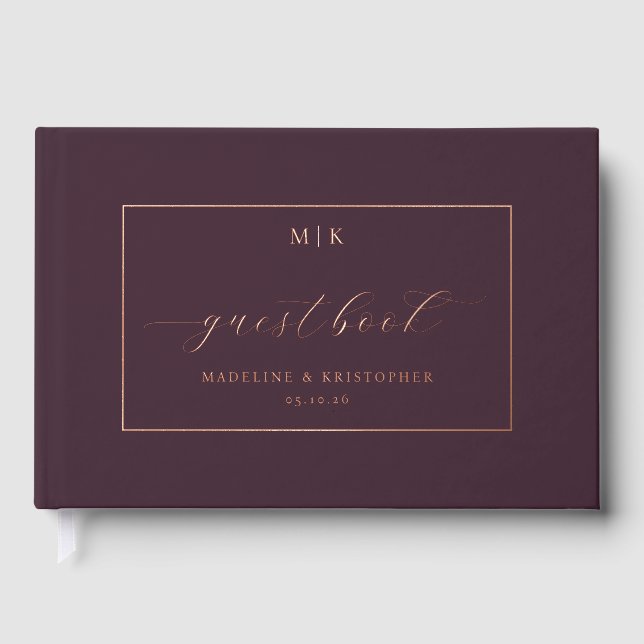 Elegant Burgundy Calligraphy Foil Guest Book (Front)