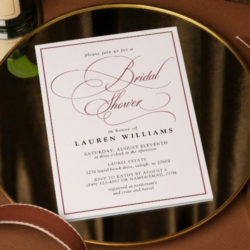 Elegant Burgundy Calligraphy Formal Bridal Shower Invitation