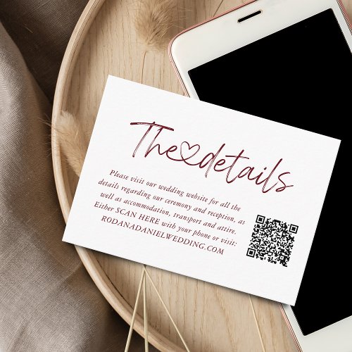 Elegant Burgundy Calligraphy Heart Details QR Code Enclosure Card