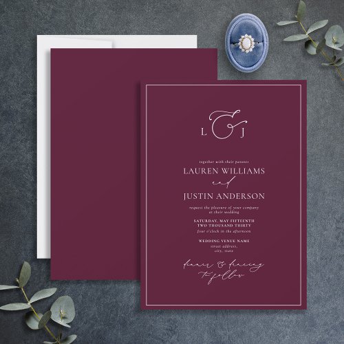 Elegant Burgundy Calligraphy Monogram Wedding Invitation
