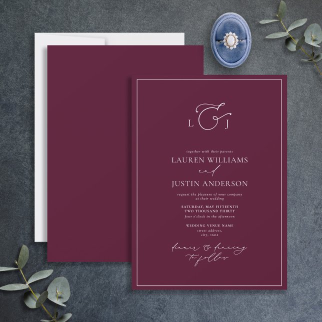 Elegant Burgundy Calligraphy Monogram Wedding Invitation (Creator Uploaded)
