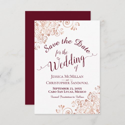 Elegant Burgundy Calligraphy  Rose Gold Wedding Save The Date