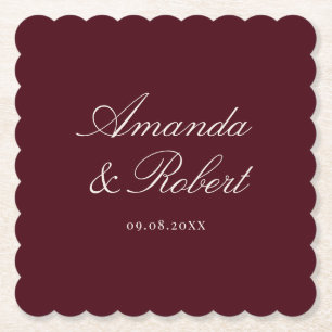 Elegant Burgundy Calligraphy Wedding Paper Coaster
