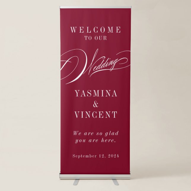 Elegant Burgundy Calligraphy Wedding Retractable Banner (Front)